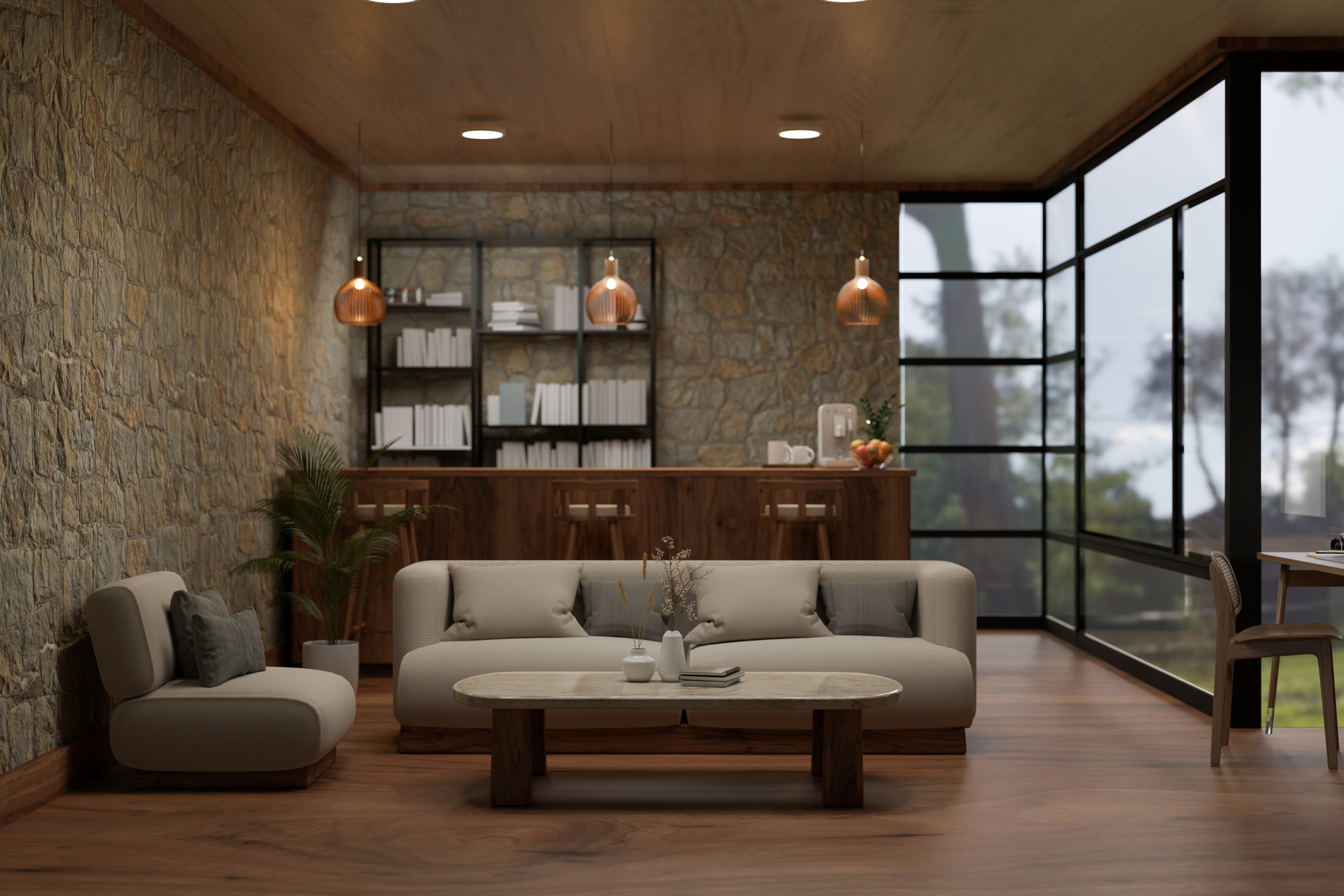 Interior design of vintage mid century living room with stone wa