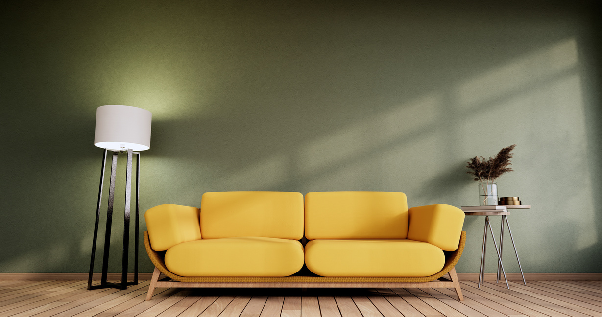 Minimalist Interior ,Yellow Sofa Furniture and Plants,Green Mode